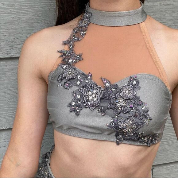 Glamorous dance costume lyrical 2 piece gray custom made rhinestoned AXS - Picture 5 of 13